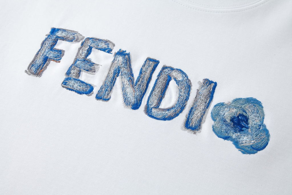 Fendi Logo Light Blue Water Effect T-Shirt - White