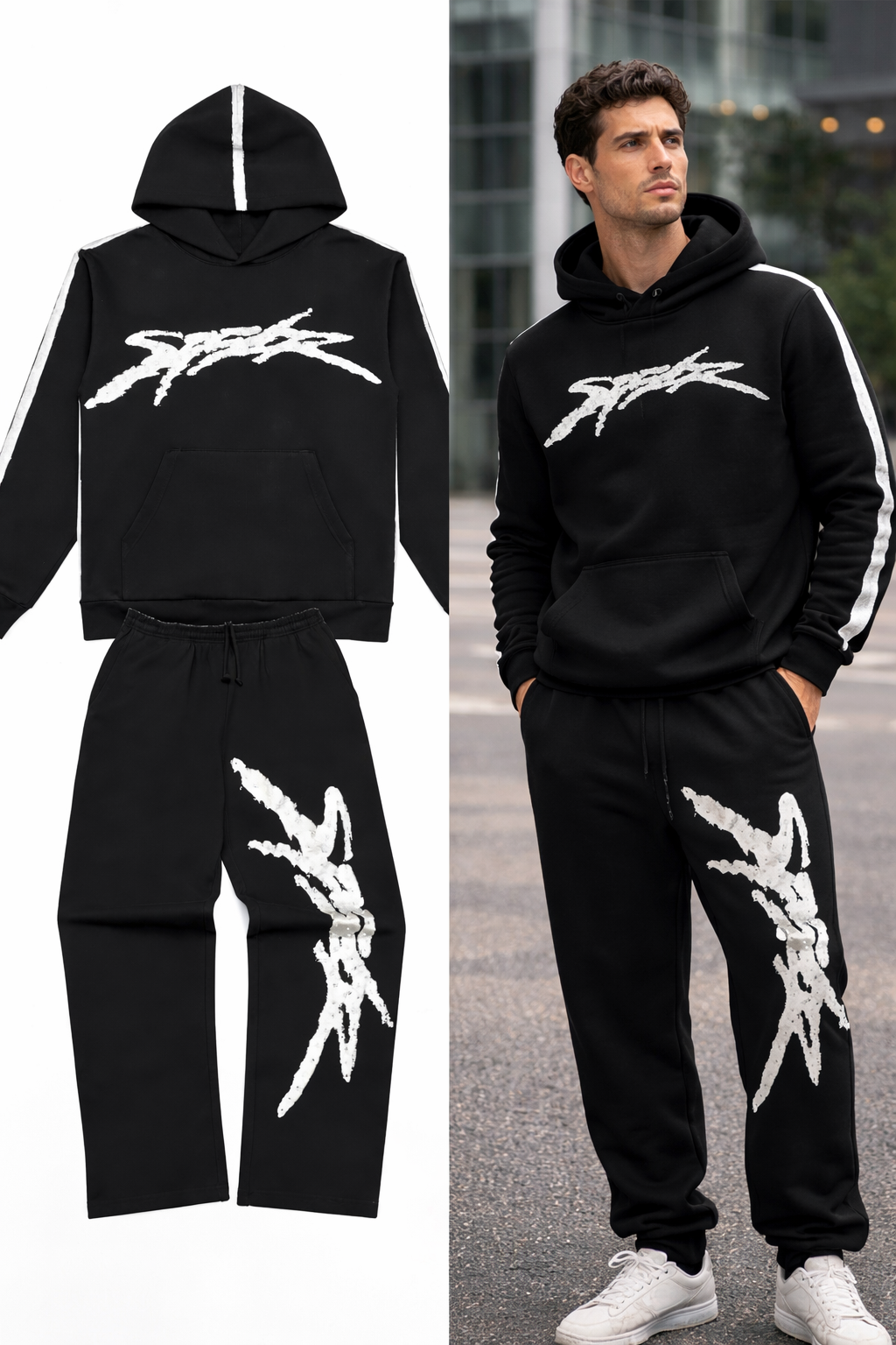 Full Black Tracksuit with White Logo - Sweatshirt and Trousers