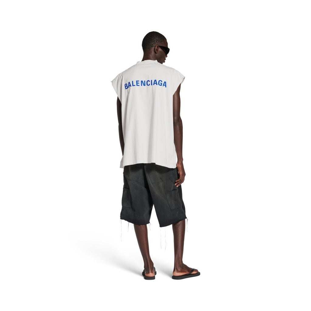 Débardeur Balenciaga Logo Bleu Distressed Blanc