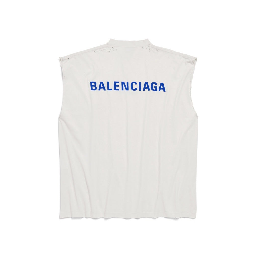 Débardeur Balenciaga Logo Bleu Distressed Blanc