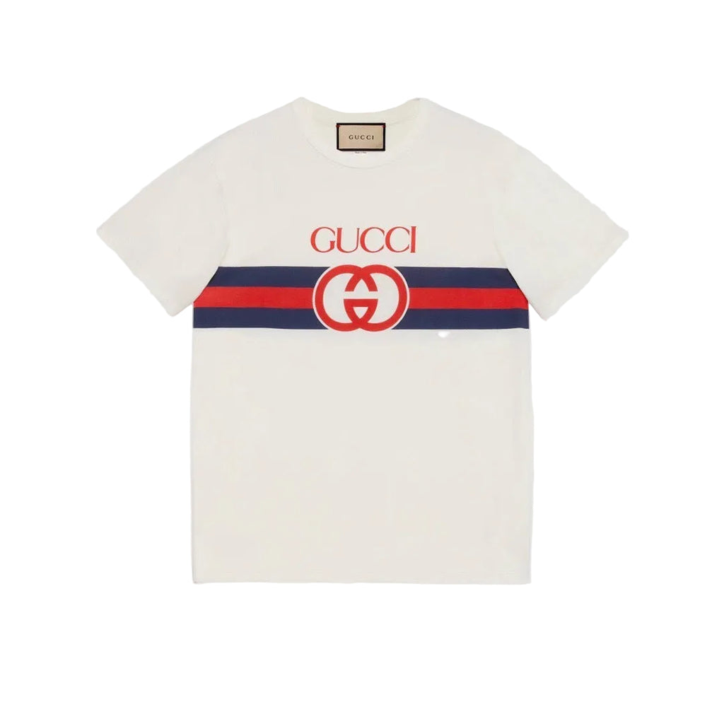 T-shirt Logo Rouge Rayures Bleu Marine - Blanc