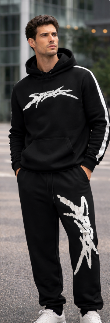 Full Black Tracksuit with White Logo - Sweatshirt and Trousers