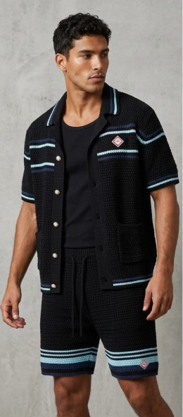 Coordinated Shirt and Shorts Set - Black with Azure Details
