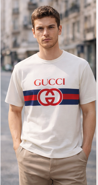 T-shirt Logo Rouge Rayures Bleu Marine - Blanc