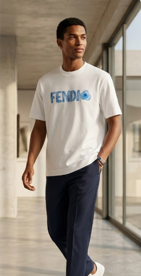 Fendi Logo Light Blue Water Effect T-Shirt - White