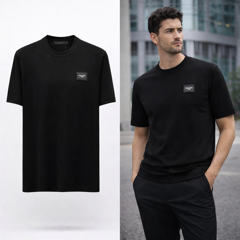T-Shirt avec Plaquette Logo sur la Poitrine - Noir et Blanc