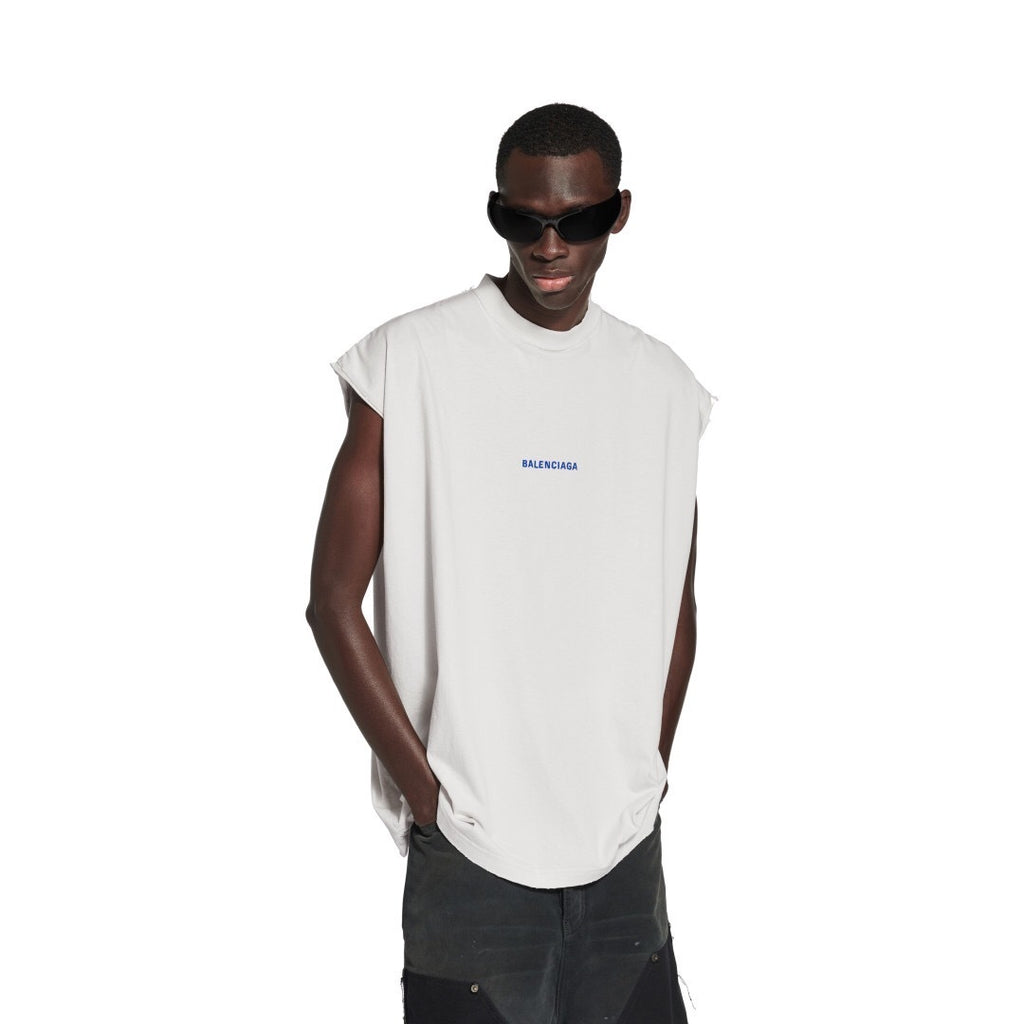 Débardeur Balenciaga Logo Bleu Distressed Blanc